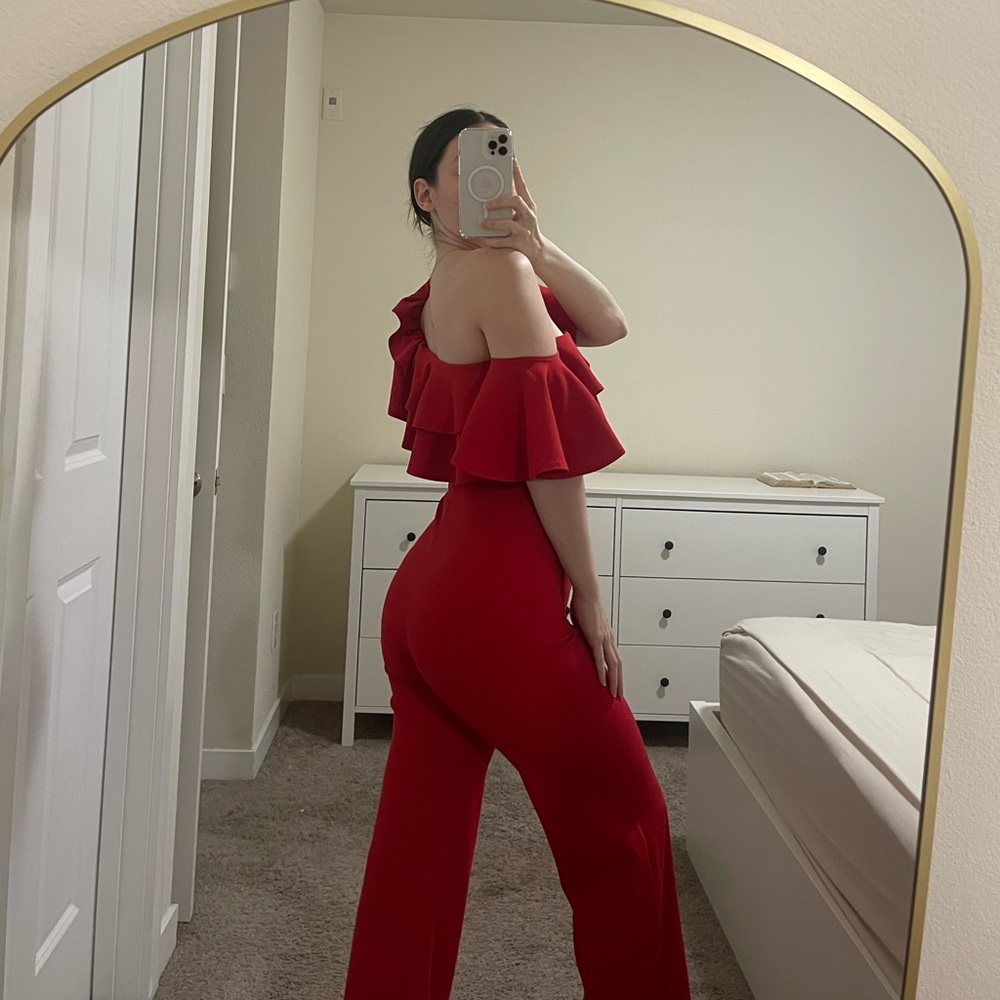 Red Off-Shoulder Jumpsuit - Picture 2 of 5